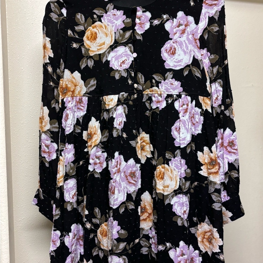 Altar’d State Floral Black dress with Purple and Beige Roses - Picture 2 of 5